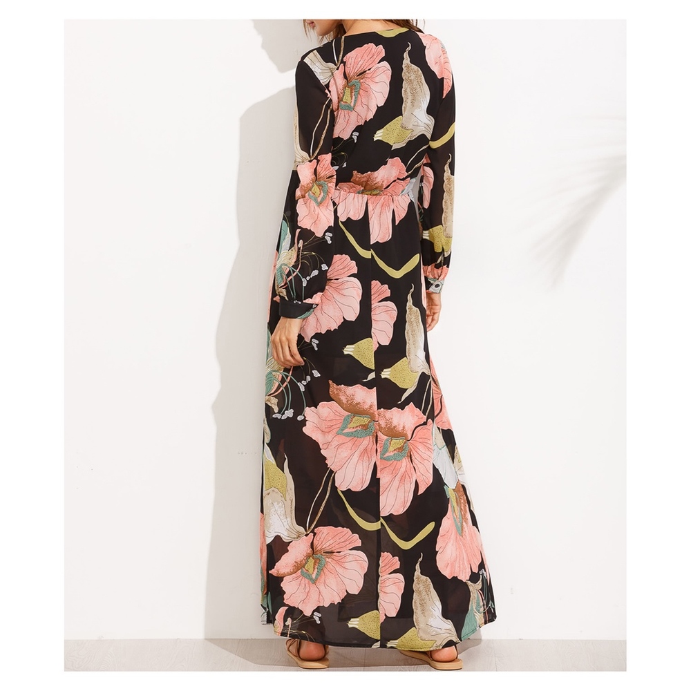 Black Floral Long Sleeve Maxi Dress - Picture 3 of 4